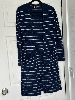 Striped Navy / White Open-Front Womens Cardigan Duster Sweater